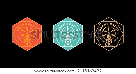 Template for logos, labels and emblems in outline style with radio tower. Vector illustration.