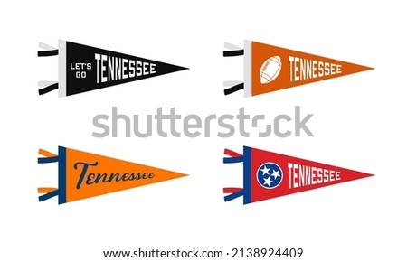 Set of Tennessee sports team pennants. Retro colors labels. Vintage hand drawn wanderlust style. Isolated on white background. Good for t shirt, mug, other identity. Vector illustration.