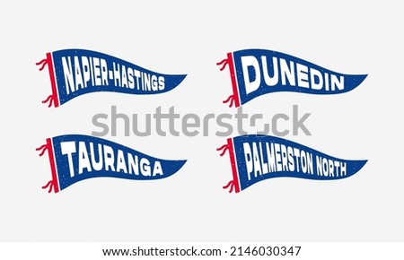 New zealand cities pennants of the Napier-Hastings, Tauranga, Dunedin, Palmerston North. Retro colors labels. Vintage hand drawn wanderlust style. Isolated on white background. 