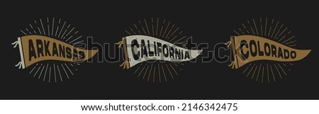 Vintage pennants Arkansas, California, Colorado. Retro colors labels. Vintage hand drawn wanderlust style. Isolated on white background. Good for t shirt, mug, other identity.  Stock foto © 