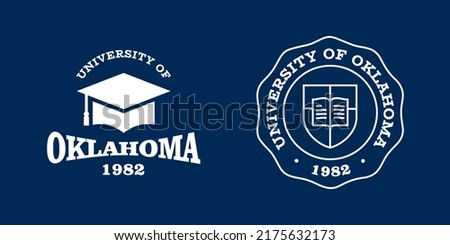 Oklahoma slogan typography graphics for t-shirt. University print and logo for apparel. T-shirt design with shield and graduate hat. Vector illustration.