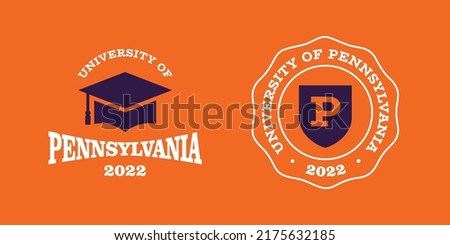 Pennsylvania slogan typography graphics for t-shirt. University print and logo for apparel. T-shirt design with shield and graduate hat. Vector illustration.