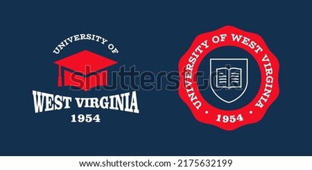 West Virginia slogan typography graphics for t-shirt. University print and logo for apparel. T-shirt design with shield and graduate hat. Vector illustration.