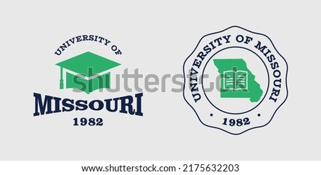 Missouri slogan typography graphics for t-shirt. University print and logo for apparel. T-shirt design with shield and graduate hat. Vector illustration.