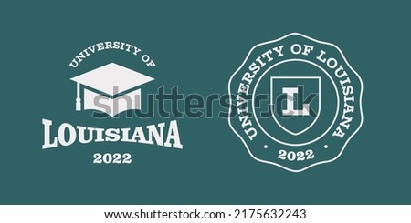 Louisiana slogan typography graphics for t-shirt. University print and logo for apparel. T-shirt design with shield and graduate hat. Vector illustration.