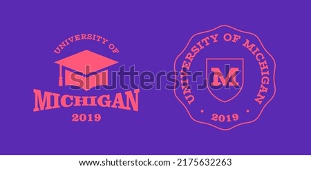 Michigan slogan typography graphics for t-shirt. University print and logo for apparel. T-shirt design with shield and graduate hat. Vector illustration.