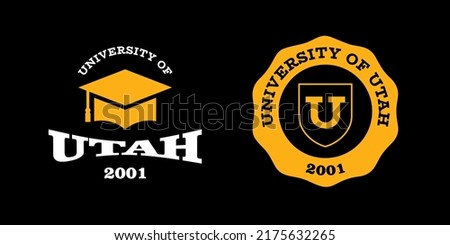 Utah slogan typography graphics for t-shirt. University print and logo for apparel. T-shirt design with shield and graduate hat. Vector illustration.