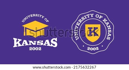 Kansas slogan typography graphics for t-shirt. University print and logo for apparel. T-shirt design with shield and graduate hat. Vector illustration.