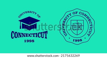 Connecticut slogan typography graphics for t-shirt. University print and logo for apparel. T-shirt design with shield and graduate hat. Vector illustration.