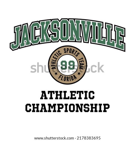 Athletic team state of Jacksonville, Florida. Typography graphics for sportswear and apparel. Vector print design.