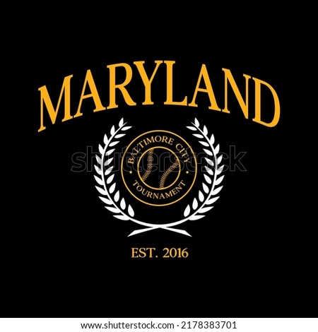 Baseball team state of Maryland, Baltimore. Typography graphics for sportswear and apparel. Vector print design.