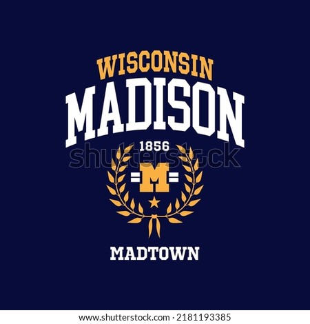 T-shirt stamp graphic, Sport wear typography emblem Madison, Wisconsin vintage tee print, athletic apparel design shirt graphic print
