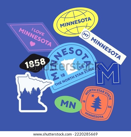 Sticker Pack. Collection of trendy pins. Set of cool patches vector design. Minnesota retro badges.