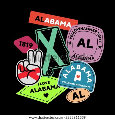 Sticker Pack. Collection of trendy pins. Set of cool patches vector design. Alabama retro badges.