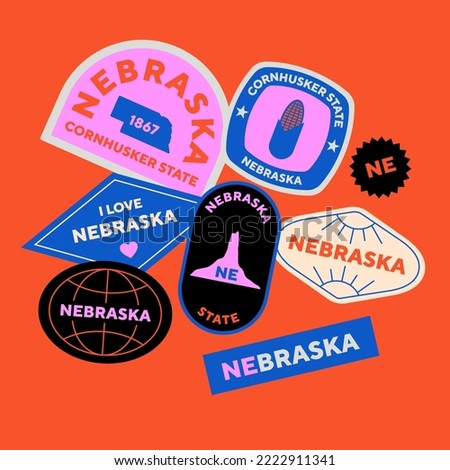 Sticker Pack. Collection of trendy pins. Set of cool patches vector design. Nebraska retro badges.