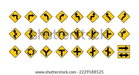 Horizontal Alignment and Intersection Warning Signs set. Vector illustration