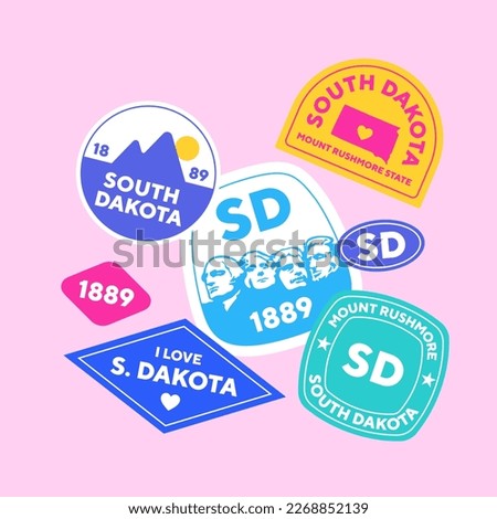 Sticker Pack. Collection of trendy pins. Set of cool patches vector design. South Dakota retro badges.