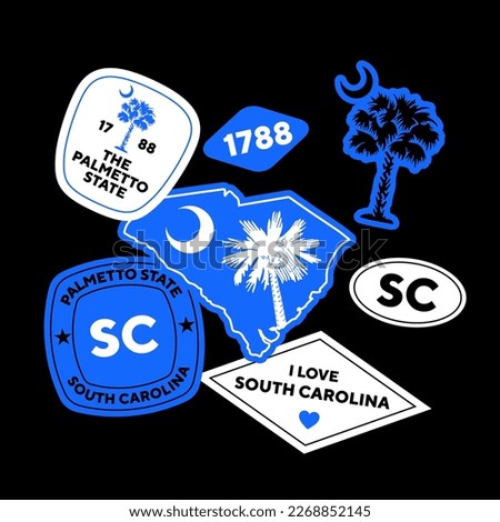 Sticker Pack. Collection of trendy pins. Set of cool patches vector design. South Carolina retro badges.