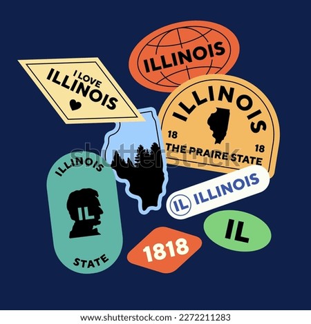 Sticker Pack. Collection of trendy pins. Set of cool patches vector design. Illinois retro badges.