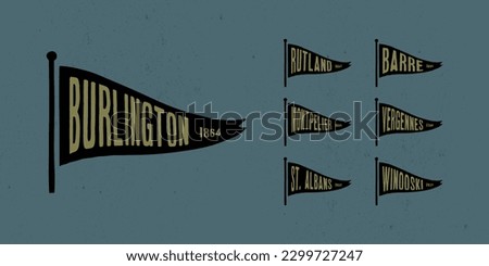 Set flag graphic. Old vintage trendy flag with city of Vermont state. Vintage banner with ribbon flag.