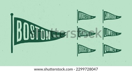 Set flag graphic. Old vintage trendy flag with city of Massachusetts state. Vintage banner with ribbon flag.