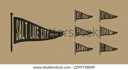 Set flag graphic. Old vintage trendy flag with city of Utah state. Vintage banner with ribbon flag.