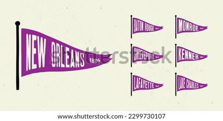 Set flag graphic. Old vintage trendy flag with city of Louisiana state. Vintage banner with ribbon flag.