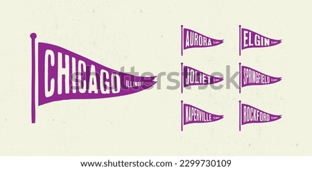 Set flag graphic. Old vintage trendy flag with city of Illinois state. Vintage banner with ribbon flag.