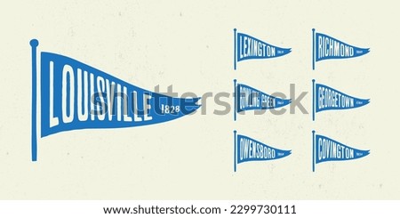 Set flag graphic. Old vintage trendy flag with city of Kentucky state. Vintage banner with ribbon flag.