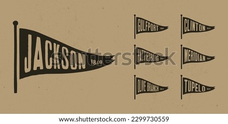 Set flag graphic. Old vintage trendy flag with city of Mississippi state. Vintage banner with ribbon flag.