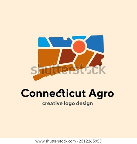Farm logo mark template for Connecticut or icon of rural landscape with sun and field. Emblems for natural agriculture, organic food industry or harvesting campaign