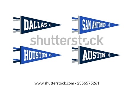 Dallas, Houston, San Antonio, Austin sport Pennant Flags Set. Vector Football pendant Icons. University USA Sport flag, isolated
