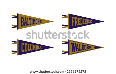 Baltimore, Frederick, Columbia, Waldorf sport Pennant Flags Set. Vector Football pendant Icons. University USA Sport flag, isolated