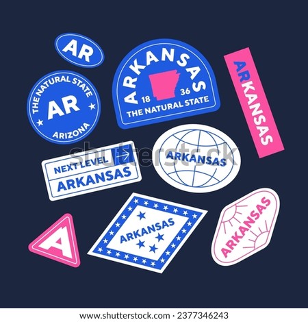 Sticker Pack. Collection of trendy pins. Set of cool patches vector design. Arkansas retro badges.