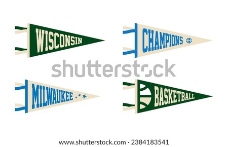 Milwaukee, Wisconsin basketball Pennant Flags Set. Vector Football pendant Icons. University USA Sport flag, isolated