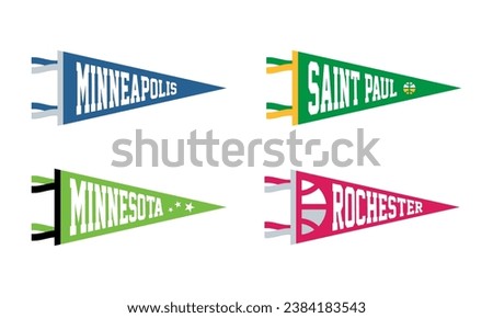 Minnesota, Saint Paul, Rochester, Minneapolis basketball Pennant Flags Set. Vector Football pendant Icons. University USA Sport flag, isolated