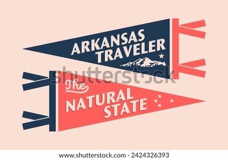 Set of Arkansas pennants. Vintage retro graphic flag, pennant, star, sign, symbols of USA. The Natural State.