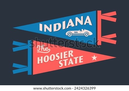 Set of Indiana pennants. Vintage retro graphic flag, pennant, star, sign, symbols of USA. The Hoosier State.