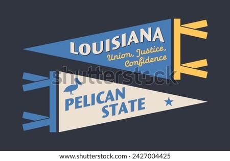 Set of Louisiana pennants. Vintage retro graphic flag, pennant, star, sign, symbols of USA. Pelican State.