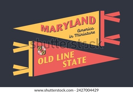 Set of Maryland pennants. Vintage retro graphic flag, pennant, star, sign, symbols of USA. Old Line State.