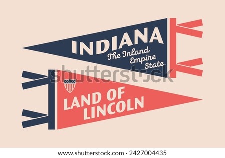 Set of Indiana pennants. Vintage retro graphic flag, pennant, star, sign, symbols of USA. Land of Lincoln.