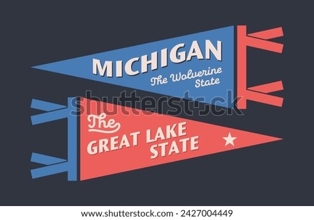 Set of Michigan pennants. Vintage retro graphic flag, pennant, star, sign, symbols of USA. The Great Lake State.