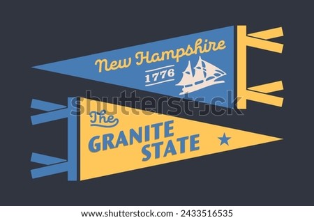 Set of New Hampshire pennants. Vintage retro graphic flag, pennant, star, sign, symbols of USA. The Granite State.