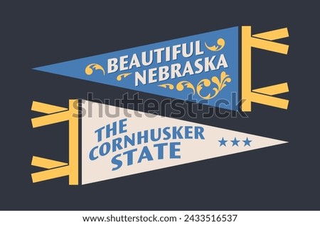 Set of Nebraska pennants. Vintage retro graphic flag, pennant, star, sign, symbols of USA. The Cornhusker State.