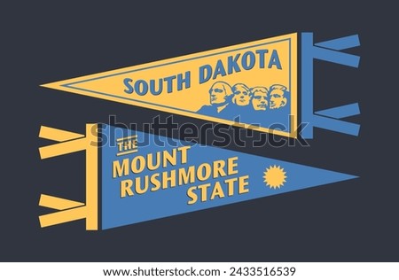 Set of South Dakota pennants. Vintage retro graphic flag, pennant, star, sign, symbols of USA. The Mount Rushmore State.