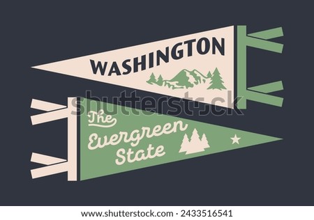 Set of Washington pennants. Vintage retro graphic flag, pennant, star, sign, symbols of USA. The Evergreen State.