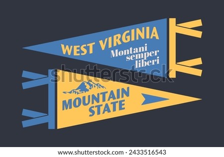 Set of West Virginia pennants. Vintage retro graphic flag, pennant, star, sign, symbols of USA. Mountain State.