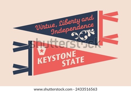 Set of Pennsylvania pennants. Vintage retro graphic flag, pennant, star, sign, symbols of USA. Keystone State.