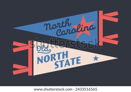 Set of North Carolina pennants. Vintage retro graphic flag, pennant, star, sign, symbols of USA. The North State.