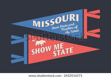 Set of Missouri pennants. Vintage retro graphic flag, pennant, star, sign, symbols of USA. Show Me State.